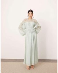 ARRANGE - Maxi-Jurk Met Kanten Inzetstukken, Verlaagde Taille, Blousonmouwen En A-Lijn - Lyst
