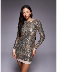 Kaiia - Exclusive Slash Neck Satin Bow Tie Back Sequin Mini Dress - Lyst