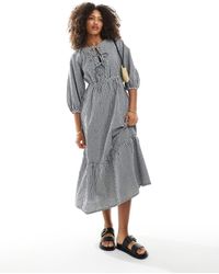 New Look - Aangerimpelde Midi Jurk Met Gingham Ruit En Gestrikte Voorkant - Lyst