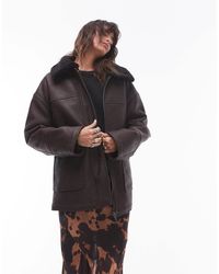 TOPSHOP - Faux Leather Borg Shearling Midi Aviator Jacket - Lyst