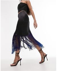 TOPSHOP - Falda midi azul y negra con diseño degradado y flecos - Lyst
