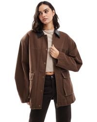 ASOS - Oversized Washed Barn Jacket With Leather Look Collar - Lyst