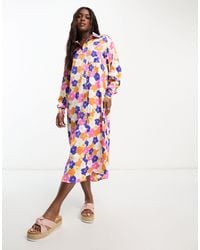 Monki - Maxi Satin Floral Print Shirt Dress - Lyst