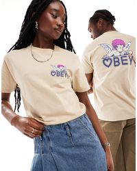 Obey - T-shirt unisex beige a maniche corte con stampa di cherubino - Lyst