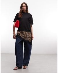Noisy May - Oversized T-shirt With Asymmetric Satin And Lace Hem Underlay - Lyst