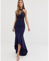 Lipsy High Neck Maxi Dress With Lace Placement In Navy - Blue