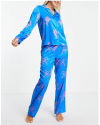 Chelsea Peers Satin Revere Top And Long Trouser Pyjama Set - Blue