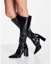 Glamorous - Stivali al ginocchio elasticizzati con tacco, colore vernice nera - Lyst