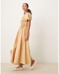 ASOS - Midi-Jurk Met V-Hals, Korte Mouwen En Smalle Plat Gestikte Plooien - Lyst