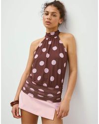 Stradivarius - Puff Mesh Print Halter Top - Lyst