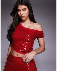 ASOS - Top Van Mesh Met Asymmetrische Blote Schouder En Lovertjes - Lyst