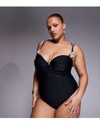 ASOS - Asos Design Curve Sadie Pleat Bust Underwired Balcony Swimsuit With Pearl Detail - Lyst