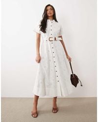Forever New - Short Sleeve Broderie Shirt Belt Detail Midi Dress - Lyst