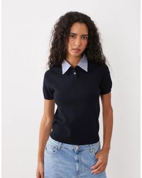 Mango - Short Sleeve Knit Top With Shirt Collar Detailing - Lyst