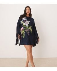 ASOS - Vestido Corto De Manga Larga Con Diseño Bordado Floral Y Flecos De Asos Design Curve - Lyst