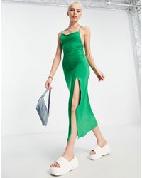Pull&Bear Asymmetric Midi Dress With Side Split - Green