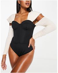 ASOS Corset Fitted Swimsuit With Long Sleeve - Black