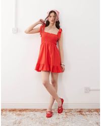 Miss Selfridge - Mini Jurk Met Gesmokt Detail En Gestrikte Schouderbandjes - Lyst