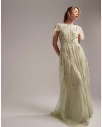 ASOS - Bridesmaid Pearl Embellished Flutter Sleeve Maxi Dress With Floral Embroidery - Lyst