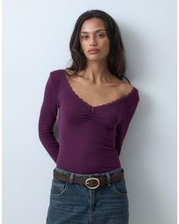 Miss Selfridge - Ruched V Neck Bodysuit With Lace Trim - Lyst