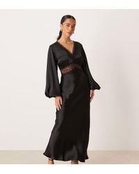 Gina Tricot - V Neck Lace Satin Maxi Dress With Volume Sleeves - Lyst