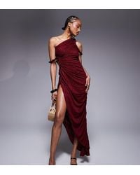 ASOS - Asos Design Tall Ruched Asymmetric Textured Midi Dress With Twisted Strapping Details - Lyst