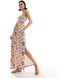 Threadbare - – trägerloses midikleid mit postkartenprint und geraffter brustpartie - Lyst