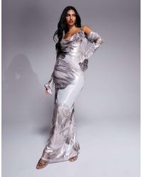 ASOS - Shimmer Plunge Cowl Neck Maxi Dress With Tie Detail And Long Sleeves - Lyst