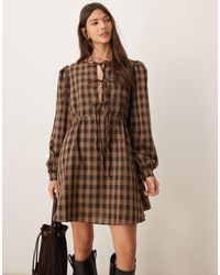 Glamorous - Long Sleeve Mini Smock Dress With Front Ties - Lyst
