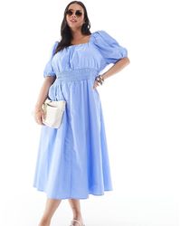 Vero Moda - Vestido Midi Azul De Estilo Mesonera Con Mangas Abullonadas De - Lyst