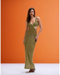 ASOS - Vestido Midi Claro Con Detalle Artístico De Cuerda En El Pecho Y Abalorios De (Parte De Un Conjunto)-Verde - Lyst