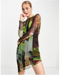 TOPSHOP Seamed Graphic Print Asymmetric Hem Mesh Mini Dress - Green