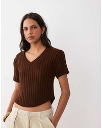 ASOS - Knitted V Neck Short Sleeve Top With Curved Hem - Lyst