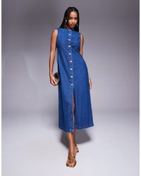 ASOS - Round Neck Denim Maxi Dress With Button Front Opening - Lyst