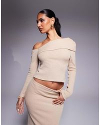 ASOS - Top Monospalla A Maniche Lunghe Color Pietra A Coste Spazzolato - Lyst