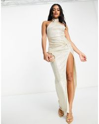 In The Style - X Yasmin Devonport Exclusive Sequin Asymmetric Knot Detail Maxi Dress With Thigh Split - Lyst