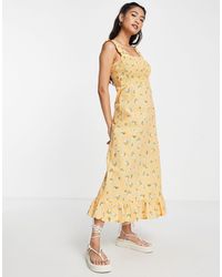 Y.A.S - Shirred Midi Dress With Peach Print - Lyst