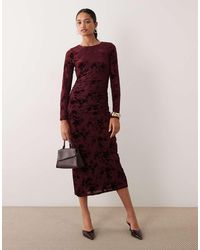 New Look - Long Sleeve Flocked Midi Dress - Lyst