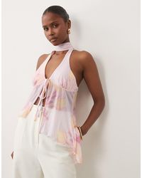 ASOS - Printed Mesh Tie Front Asymmetric Hem Halter Top - Lyst