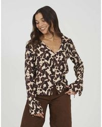 Brave Soul - Cow Print Long Sleeve Collared Blouse - Lyst