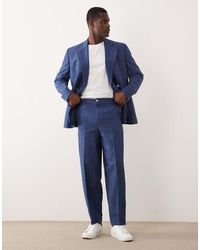 ASOS - Pantalones De Traje Azules A Rayas De Corte Tapered Extragrande De Mezcla De Lino De - Lyst