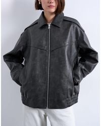 TOPSHOP - Faux Leather Bubble Vintage Wash Seam Detail Zip Thru Bomber Jacket - Lyst