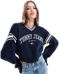 Tommy Hilfiger - Jersey Corto Azul Marino De Estilo Universitario Con Cuello De Pico De - Lyst