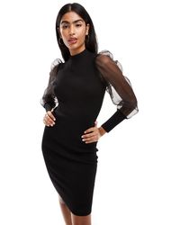 French Connection - Knitted Midi Dress With Organza Sleeve - Lyst