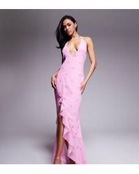 Murci - Exclusive Halterneck Deep Plunge Ruffle High Low Hem Maxi Dress - Lyst