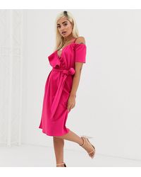 Boohoo Midi Wrap Dress With Cold Shoulder In Pink