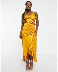 In The Style - Exclusive Satin Asymmetric Ruffle Detail Maxi Dress - Lyst
