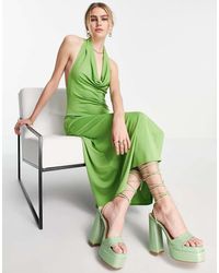 Mango - Vestito Midi Allacciato Al Collo Chiaro Con Drappeggio Sul Davanti - Lyst