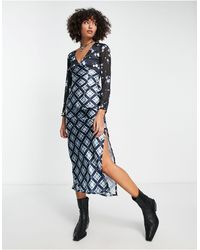 Reclaimed (vintage) - Contrast Check And Floral Long Sleeve Midi Dress - Lyst