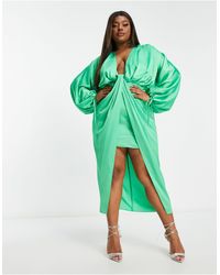 ASOS - Asos Design Curve Blouson Sleeve Satin Midi Dress With Drape Skirt - Lyst
